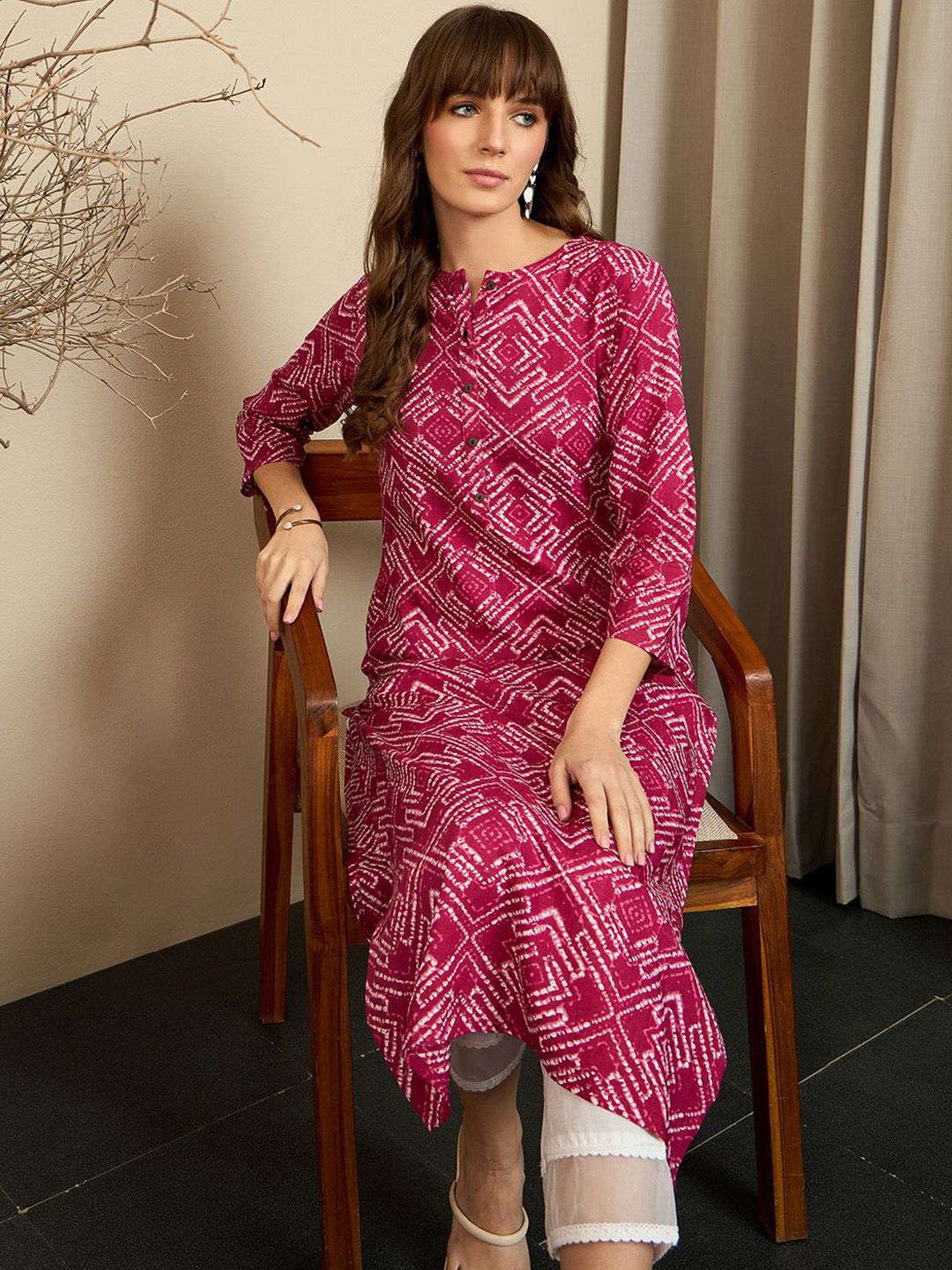 Indo Era Pink Geometric Printed Notch Neck Straight Kurta
