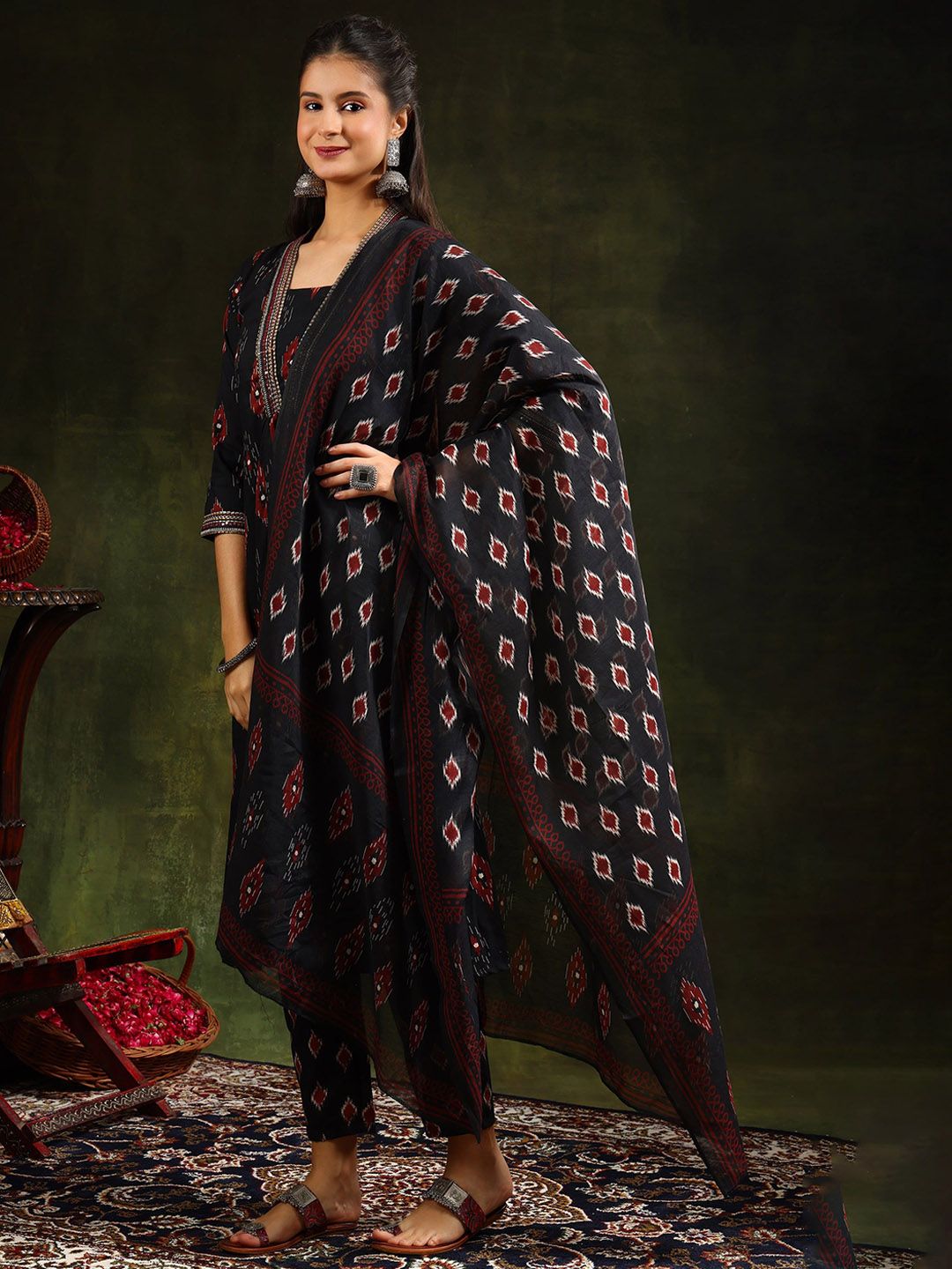 KALINI Floral Printed V-Neck Pleated A-Line Kurta With Trouser And Dupatta
