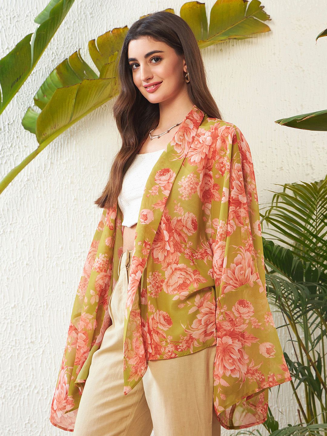 SASSAFRAS Green Floral Printed Kimono Shrug