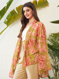 SASSAFRAS Green Floral Printed Kimono Shrug