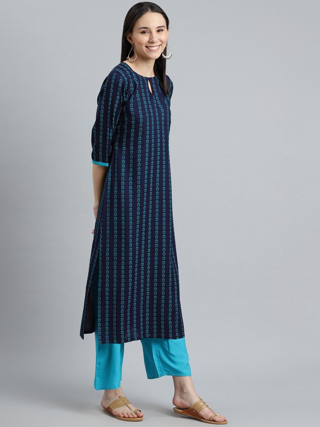 Libas Women Blue Striped Keyhole Neck Kurta