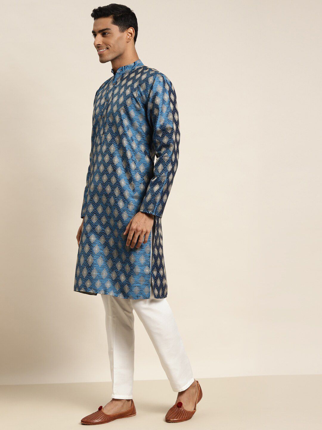 SOJANYA Rekaan Tenunan Kolar Mandarin Silk Cotton Kurta