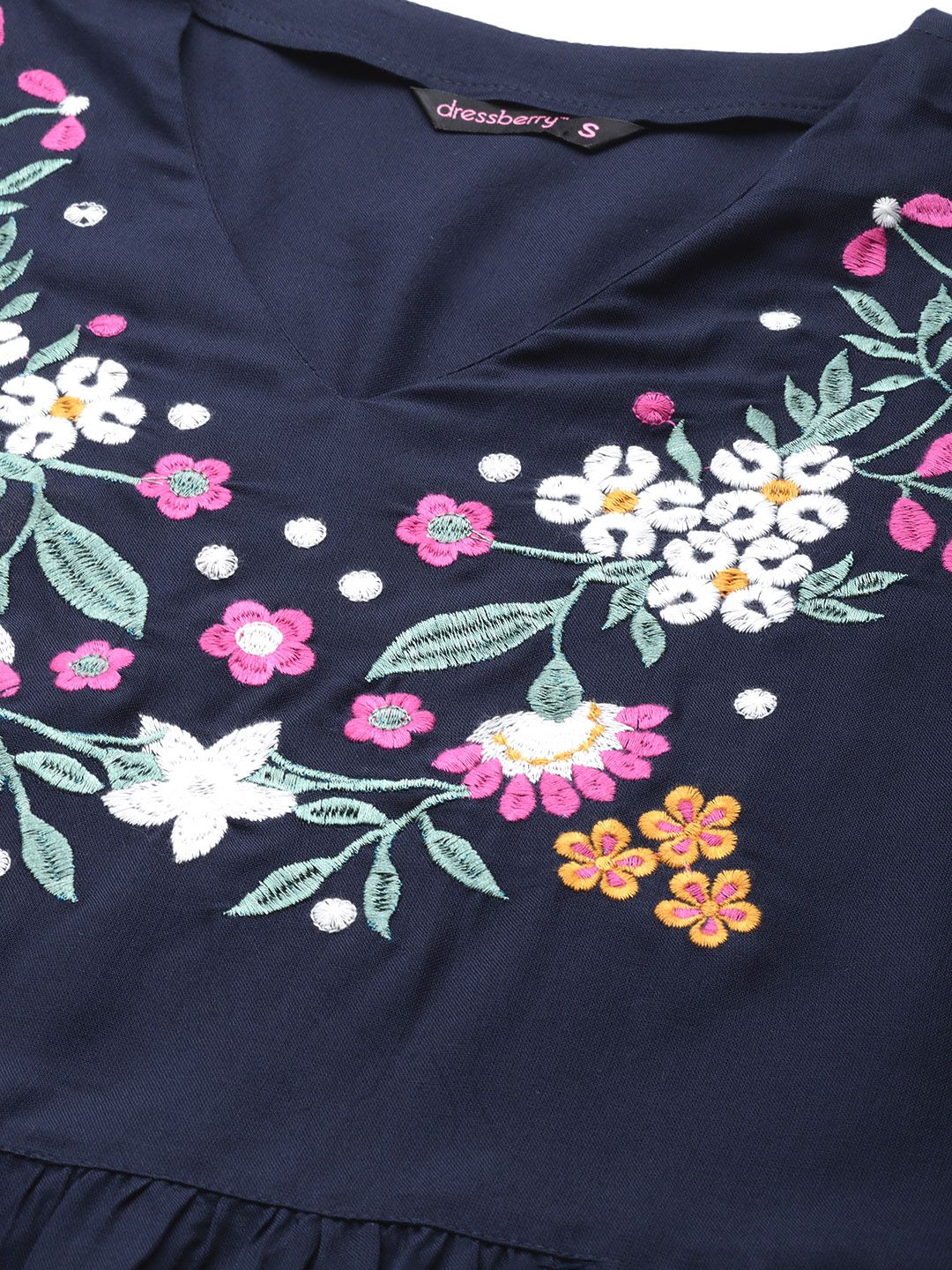 DressBerry Navy Blue Embroidered Tiered A-Line Dress
