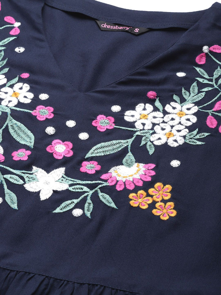 DressBerry Navy Blue Embroidered Tiered A-Line Dress
