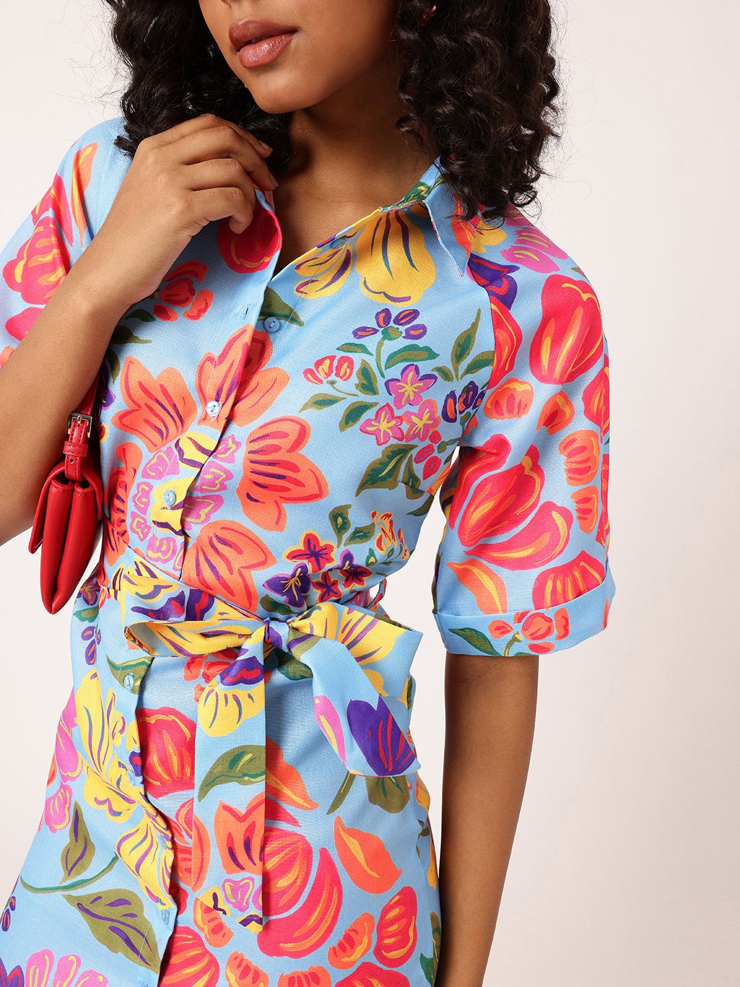 DressBerry Holiday Glam Floral Printed Shirt Style Mini Dress With Waist Tie-Up