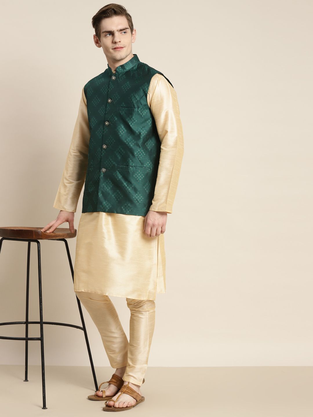 SOJANYA Men Solid Silk Blend Kurta with Churidar & Nehru Jacket