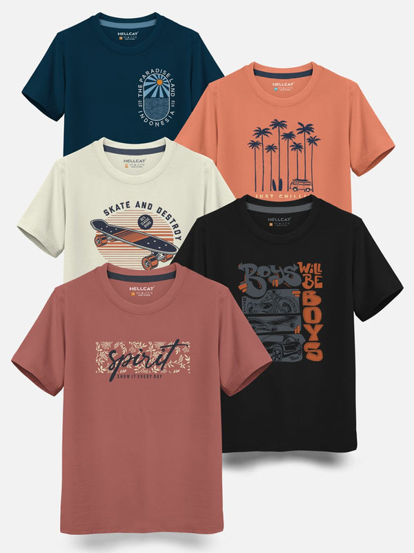 HELLCAT Boys Pack Of 5 Graphic Printed Cotton T-shirt