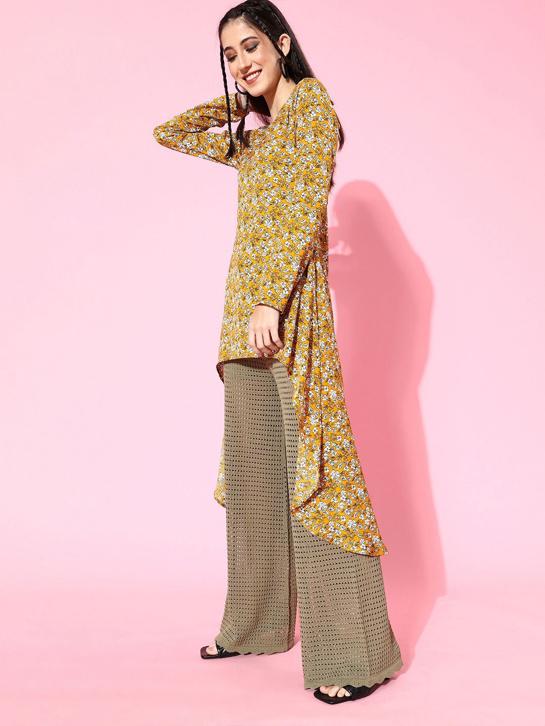 Berrylush Women Stylish Mustard Floral Asymmetrical Top