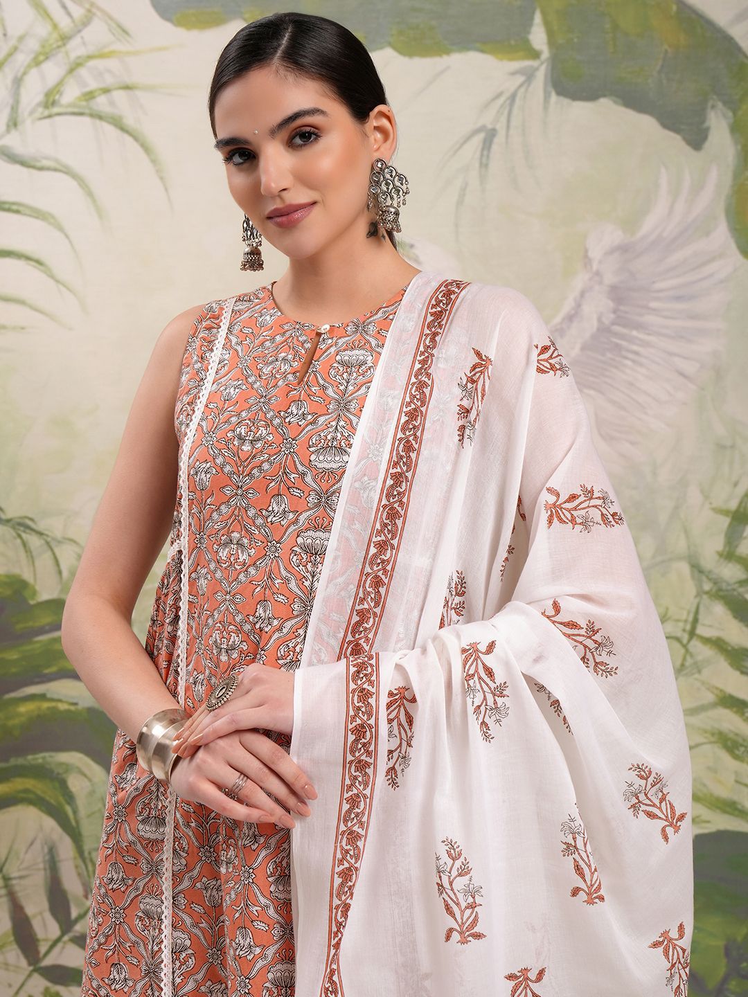 Vishudh Brown Floral Printed Keyhole Neck Pure Cotton A-Line Kurta With Trousers & Dupatta