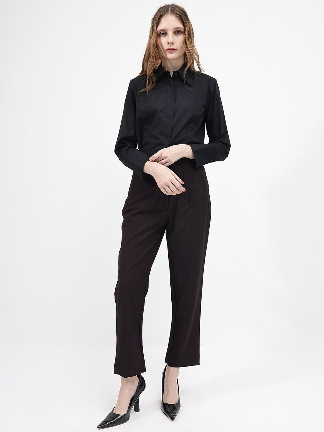 RAREISM Women Tapered Fit Cotton High-Rise Trousers