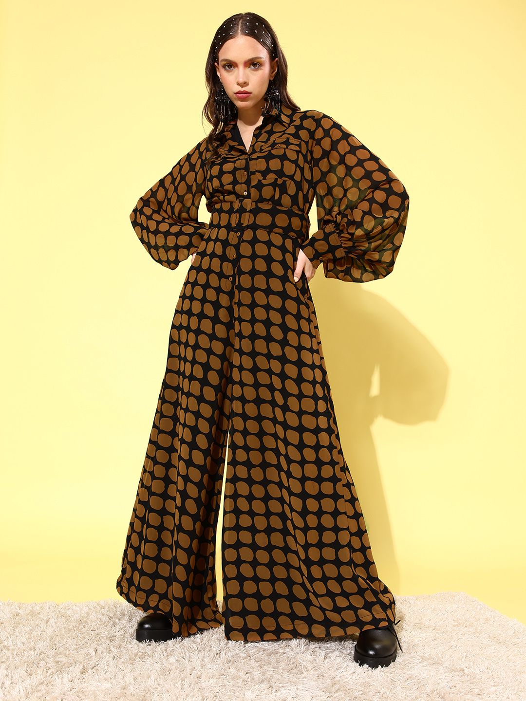QUIERO Women Elegant Brown Printed Once Upon a Sleeve Jumpsuit