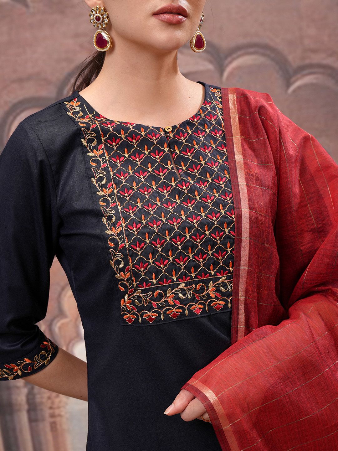 Vishudh Navy Blue Floral Embroidered Straight Kurta with Palazzo & Dupatta