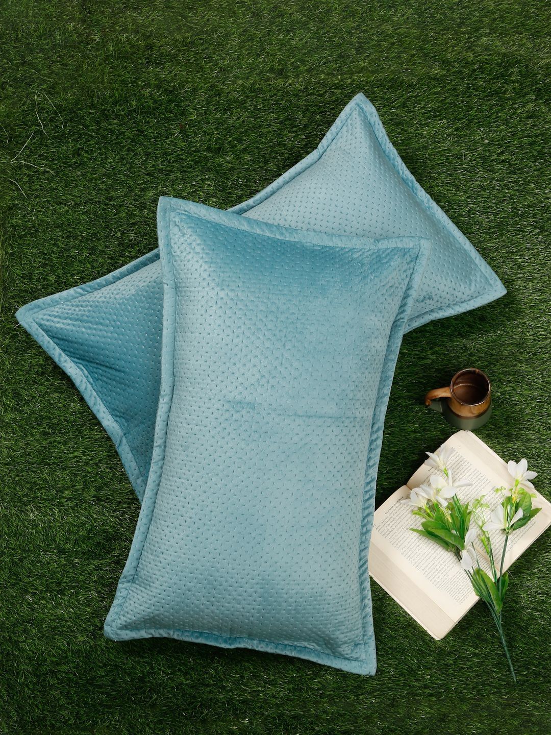 HOSTA HOMES Turquoise Blue 2 Pieces Self Design Rectangle Shaped Pillow Covers