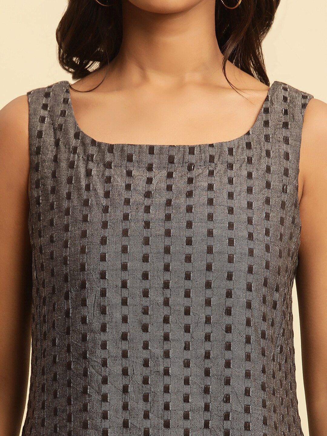 W Grey Printed No Sleeves A-Line Midi Dress