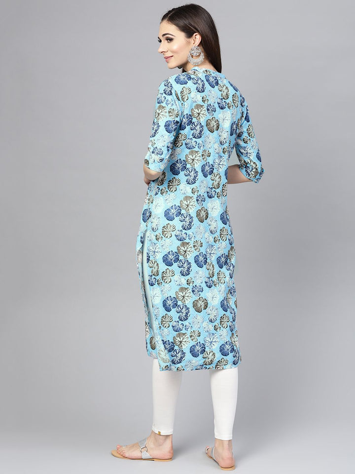 SOJANYA Wanita Biru & Kelabu Floral Printed Kurta Lurus