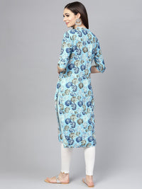SOJANYA Wanita Biru & Kelabu Floral Printed Kurta Lurus