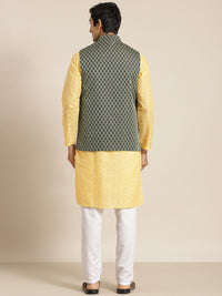 SOJANYA Men Yellow Chikankari Pure Cotton Kurta with Churidar & Nehru Jacket