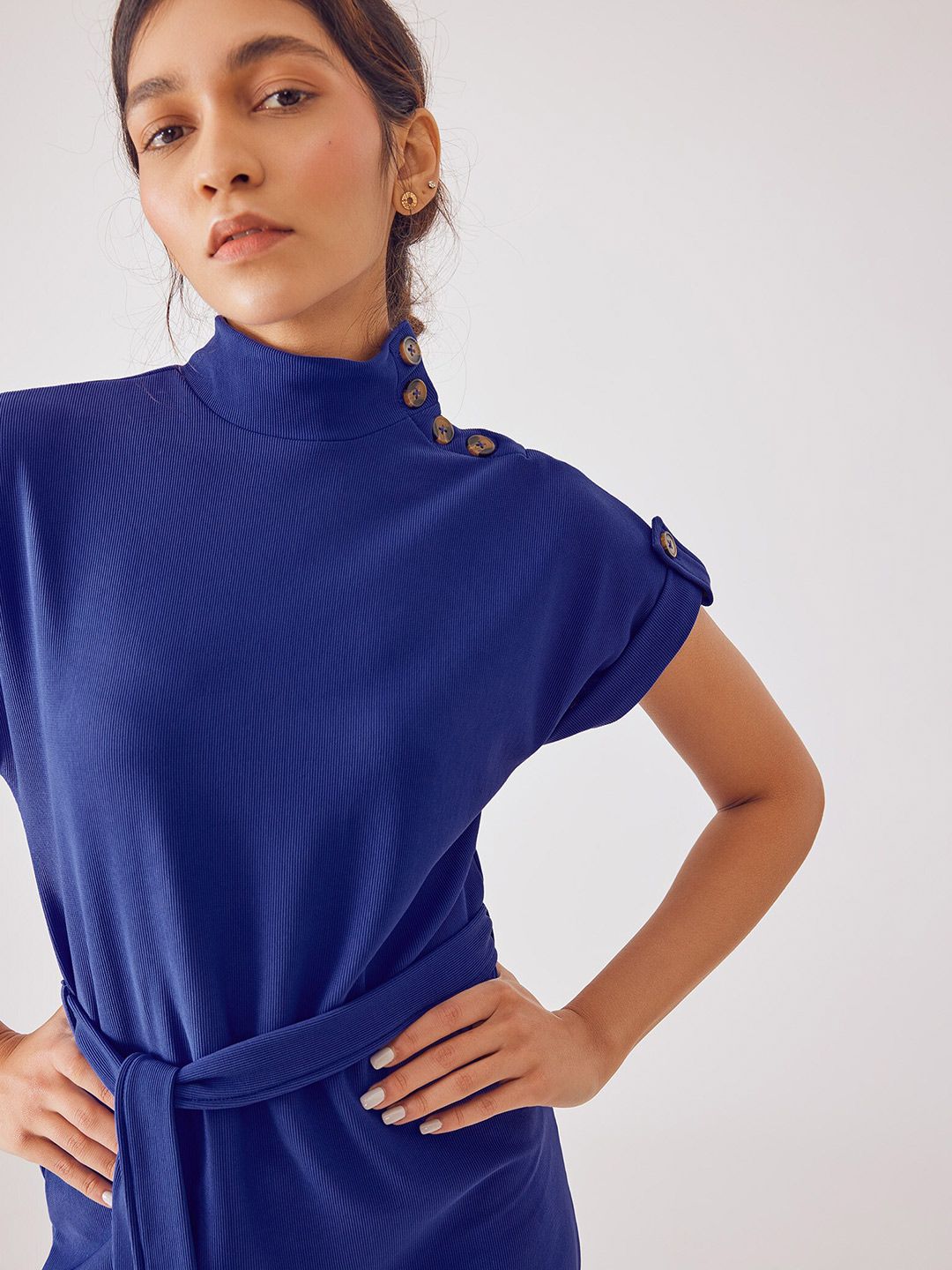 The Label Life High Neck Buttoned Details Sheath Dress With Belt
