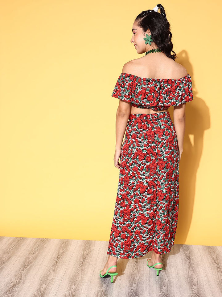 Berrylush Women Deep Red Printed Top with Skirt