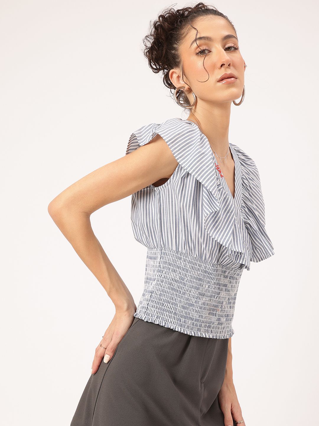 DressBerry Ruffle Truffle Striped Smocked Cinched Waist Top