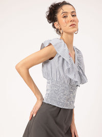 DressBerry Ruffle Truffle Striped Smocked Cinched Waist Top