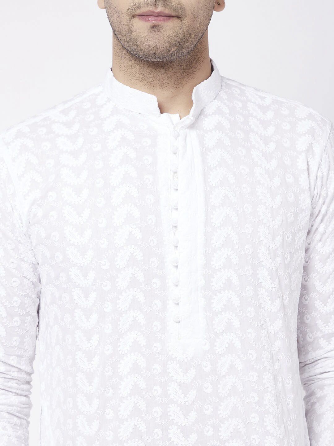 VASTRAMAY Men White Chikankari Pure Cotton Kurta with Churidar