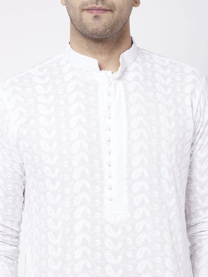 VASTRAMAY Men White Chikankari Pure Cotton Kurta with Churidar