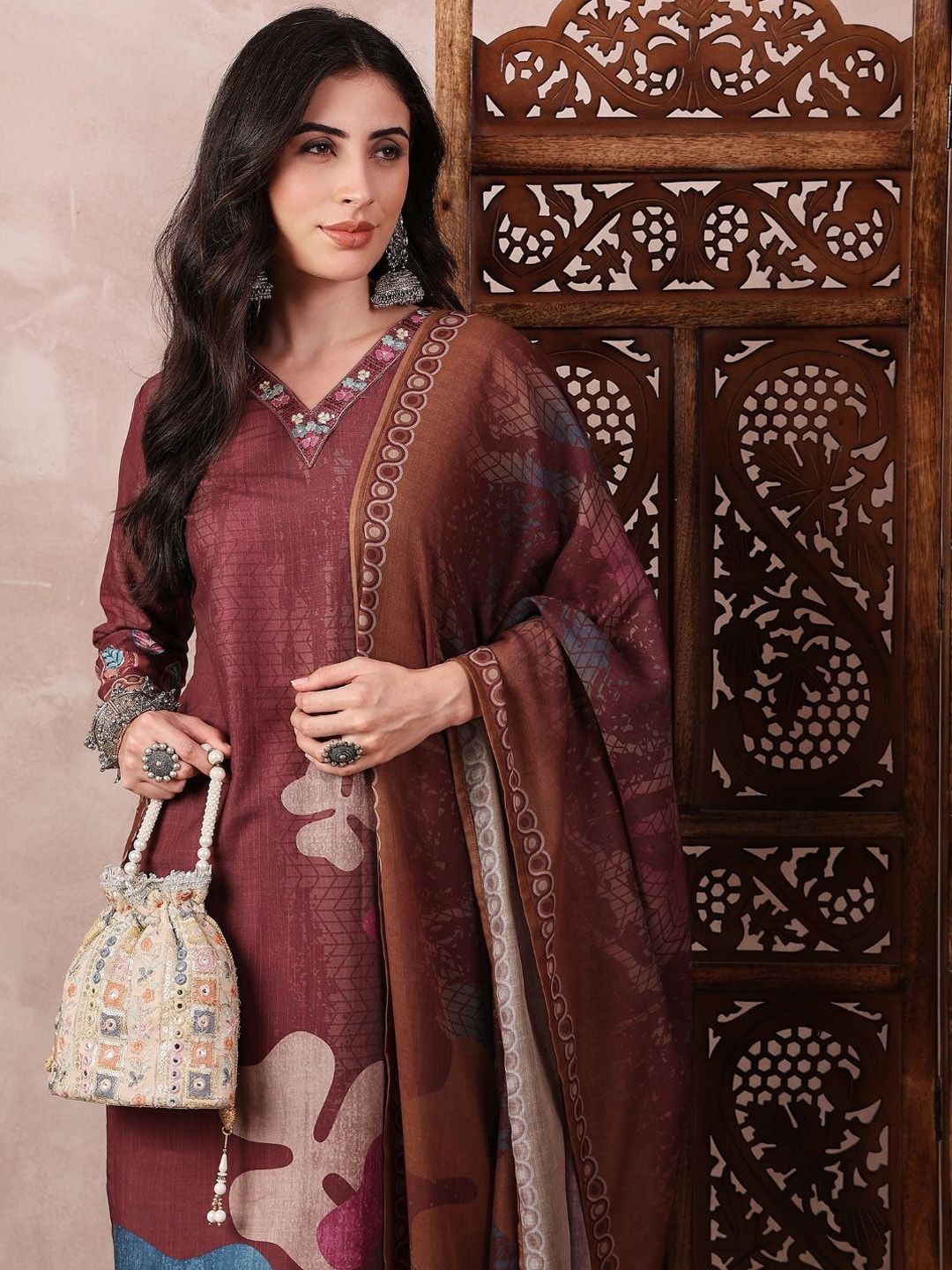 KALINI Floral Printed Thread Work V-Neck Straight Kurta with Trouser And Dupatta