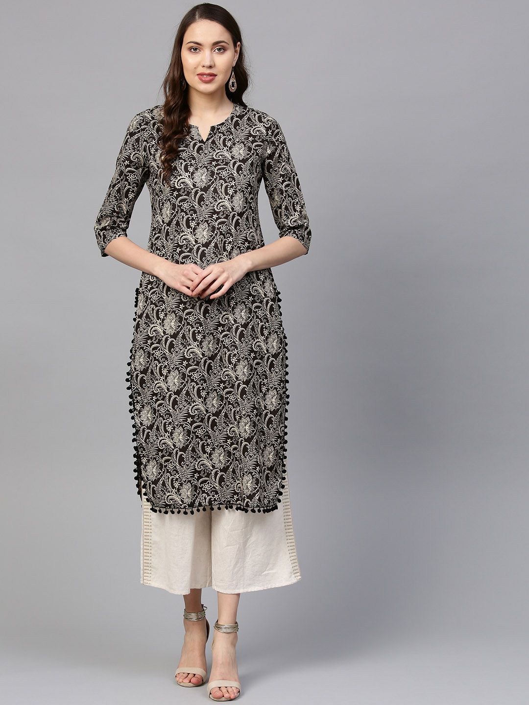 SOJANYA Women Black & Beige Printed Straight Kurta