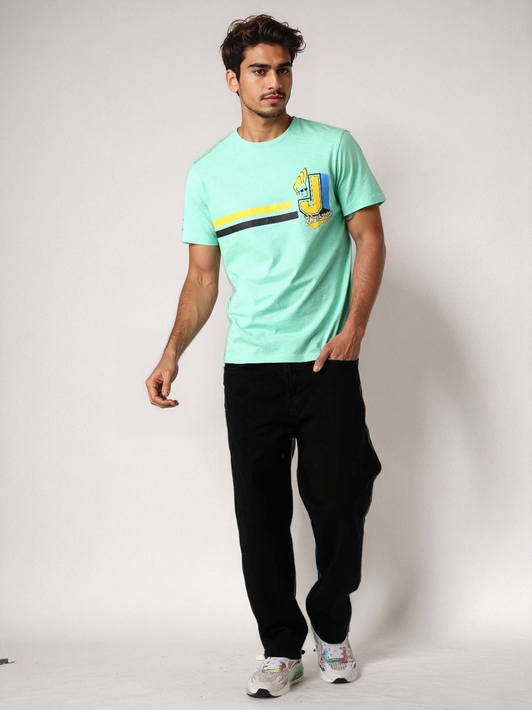 The Indian Garage Co Men Johnny Bravo Striped Round Neck Cotton Slim Fit T-shirt