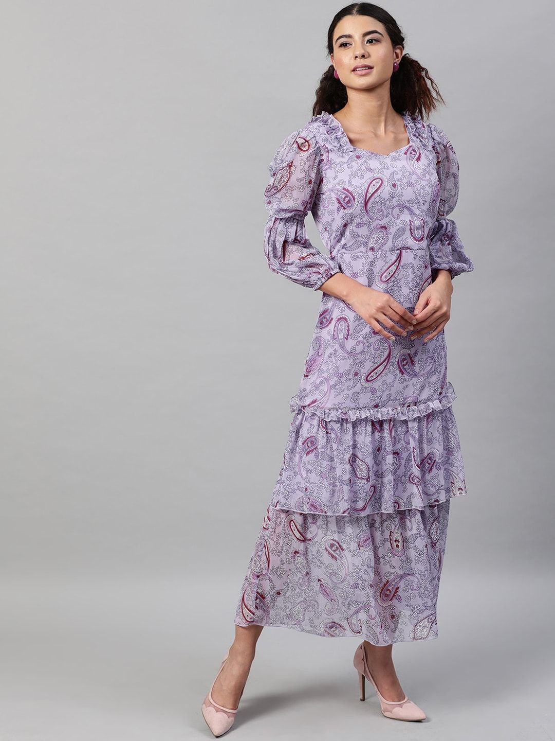 STREET 9 Lavender & Maroon Ethnic Motifs Chiffon Maxi Dress