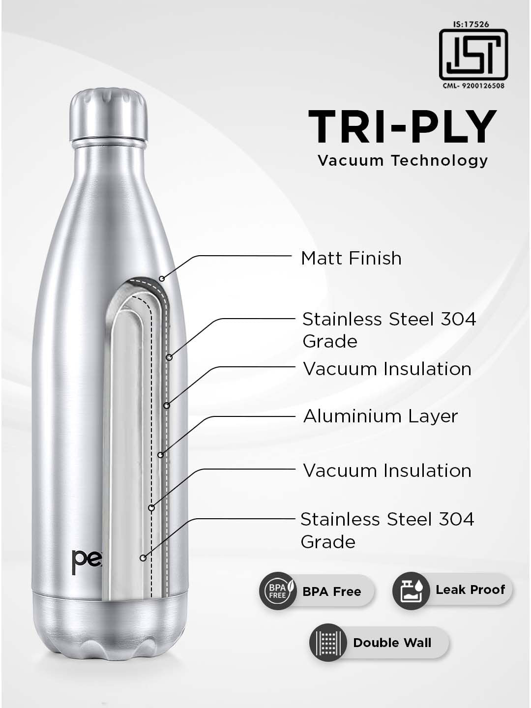 Pexpo Electro Silver-Toned ISI Certified Thermosteel 24 Hrs Flask Water Bottle 1000ml