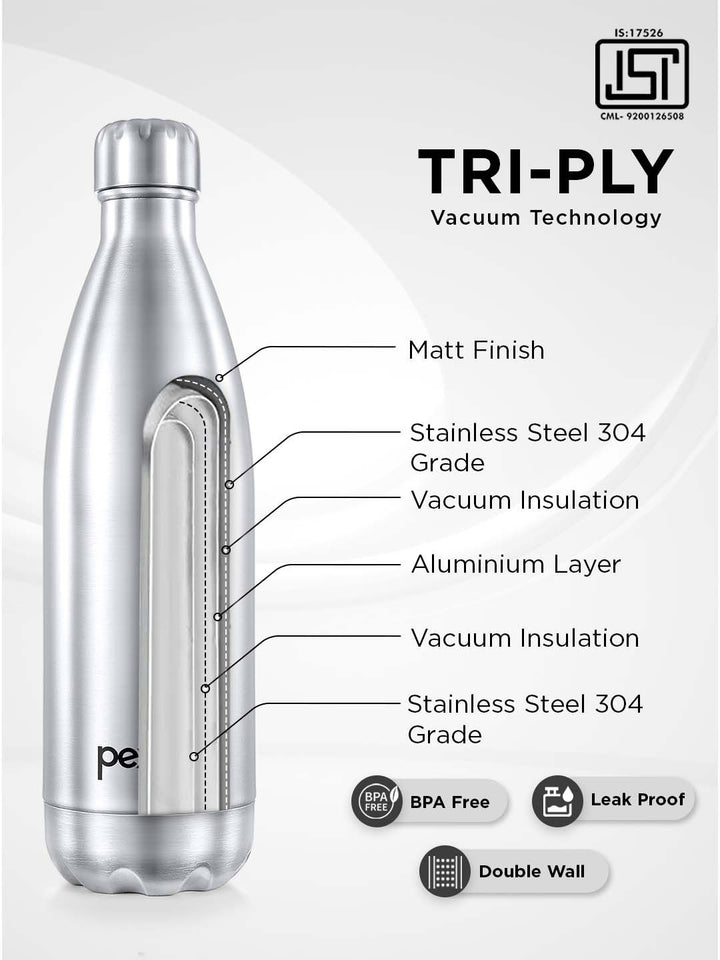 Pexpo Electro Silver-Toned ISI Certified Thermosteel 24 Hrs Flask Water Bottle 1000ml