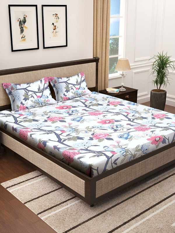 KLOTTHE White & Pink Floral Printed 300 TC Double King Bedsheet With 2 Pillow Covers