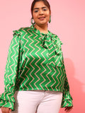CURVY STREET Plus Size Geometric Printed Tie Up Neck Top
