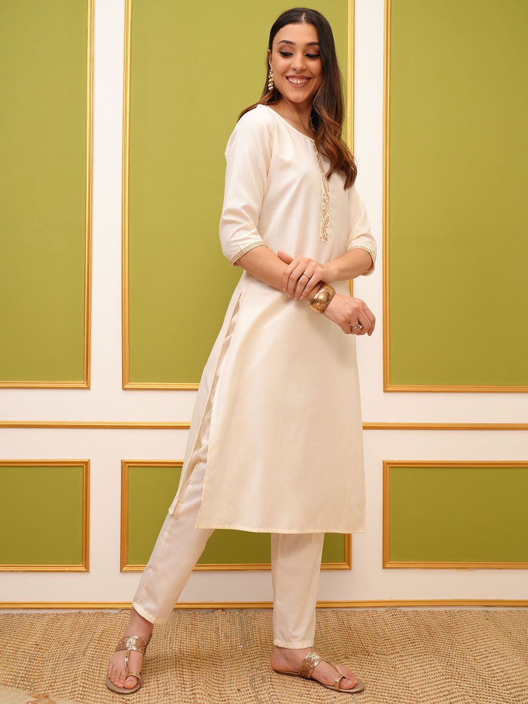 Vishudh Cream Regular Thread Work Kurta with Trousers & With Dupatta