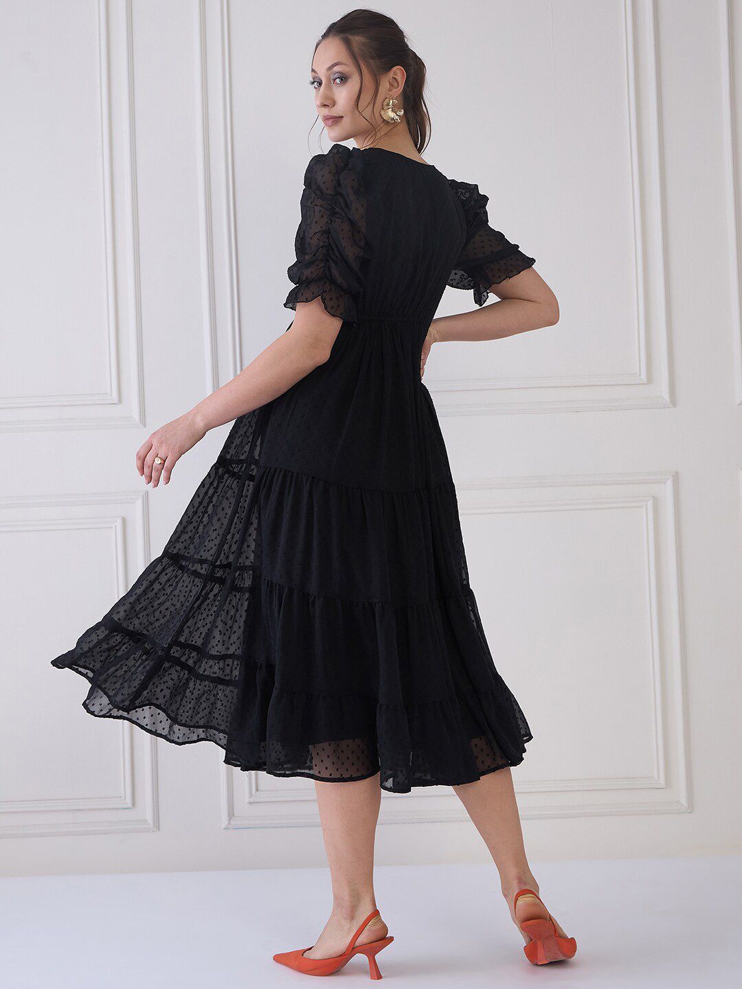 Antheaa Embroidered Round Neck Puff Sleeve Tiered Fit & Flare Midi Dress