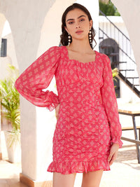 STREET 9 Floral Printed Georgette Square Neck Bodycon Dress
