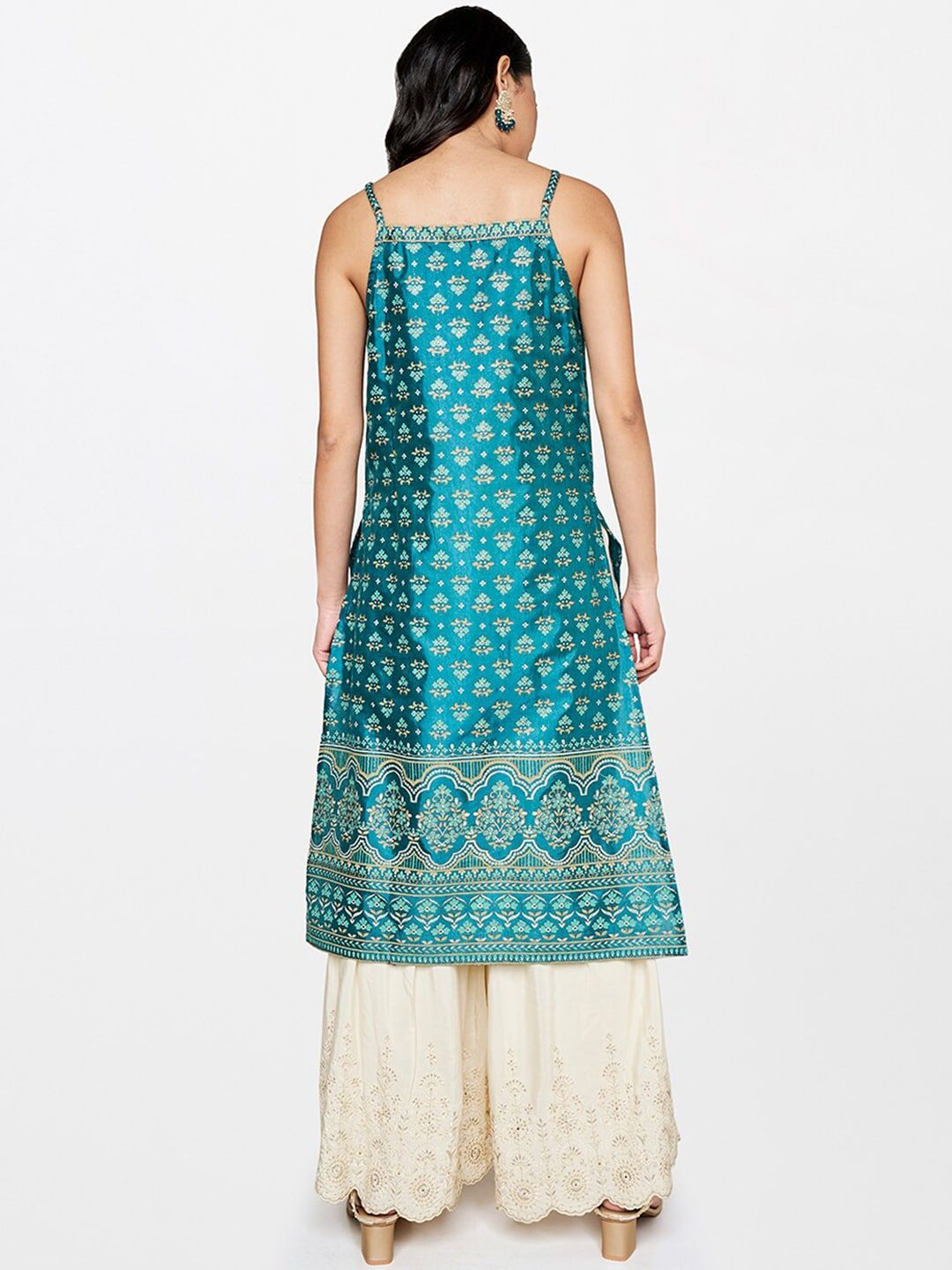 Global Desi Women Teal Green Floral Kurta