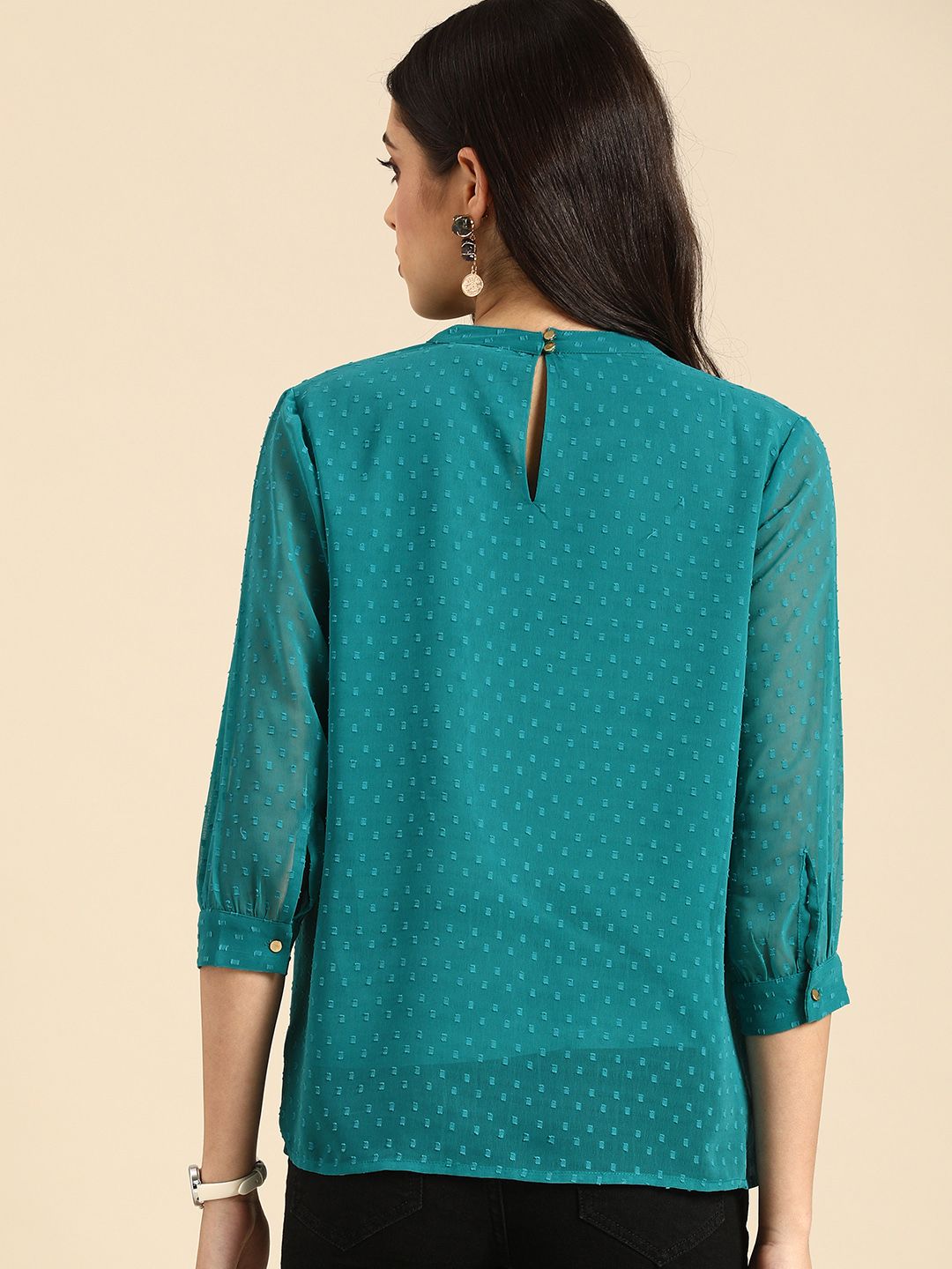 all about you Women Sea Green Self Designed Dobby Regular Top