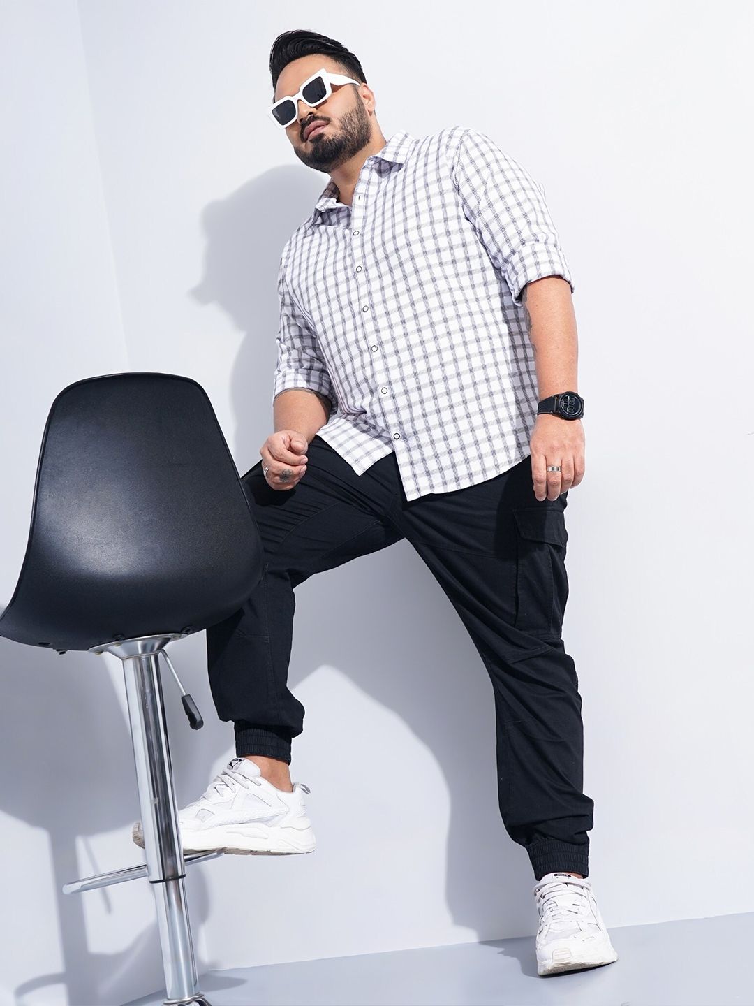 The Indian Garage Co Plus Size Windowpane Checked Cotton Casual Shirt