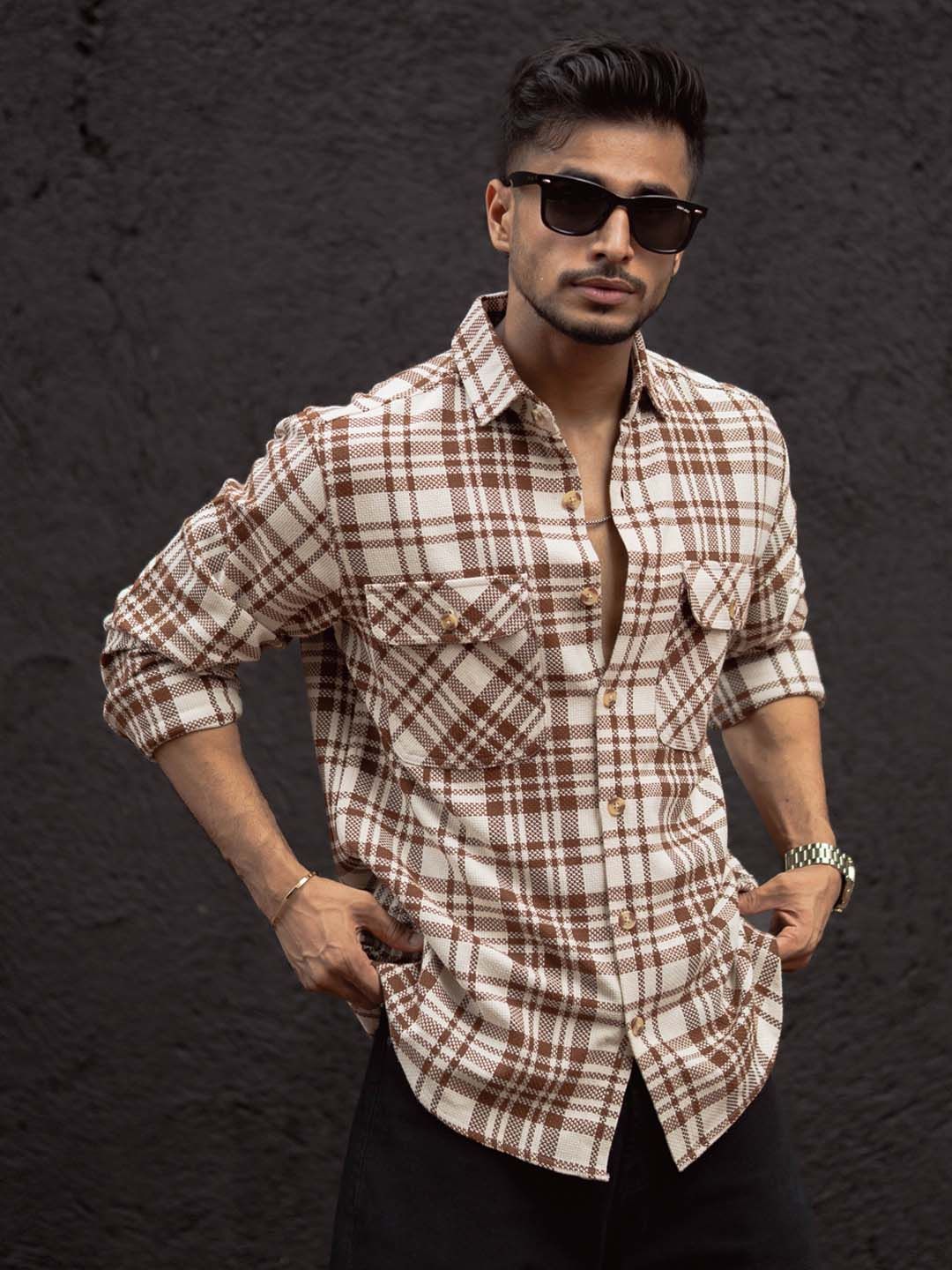 Powerlook Men Spread Collar Tartan Checked Cotton Casual Shirt
