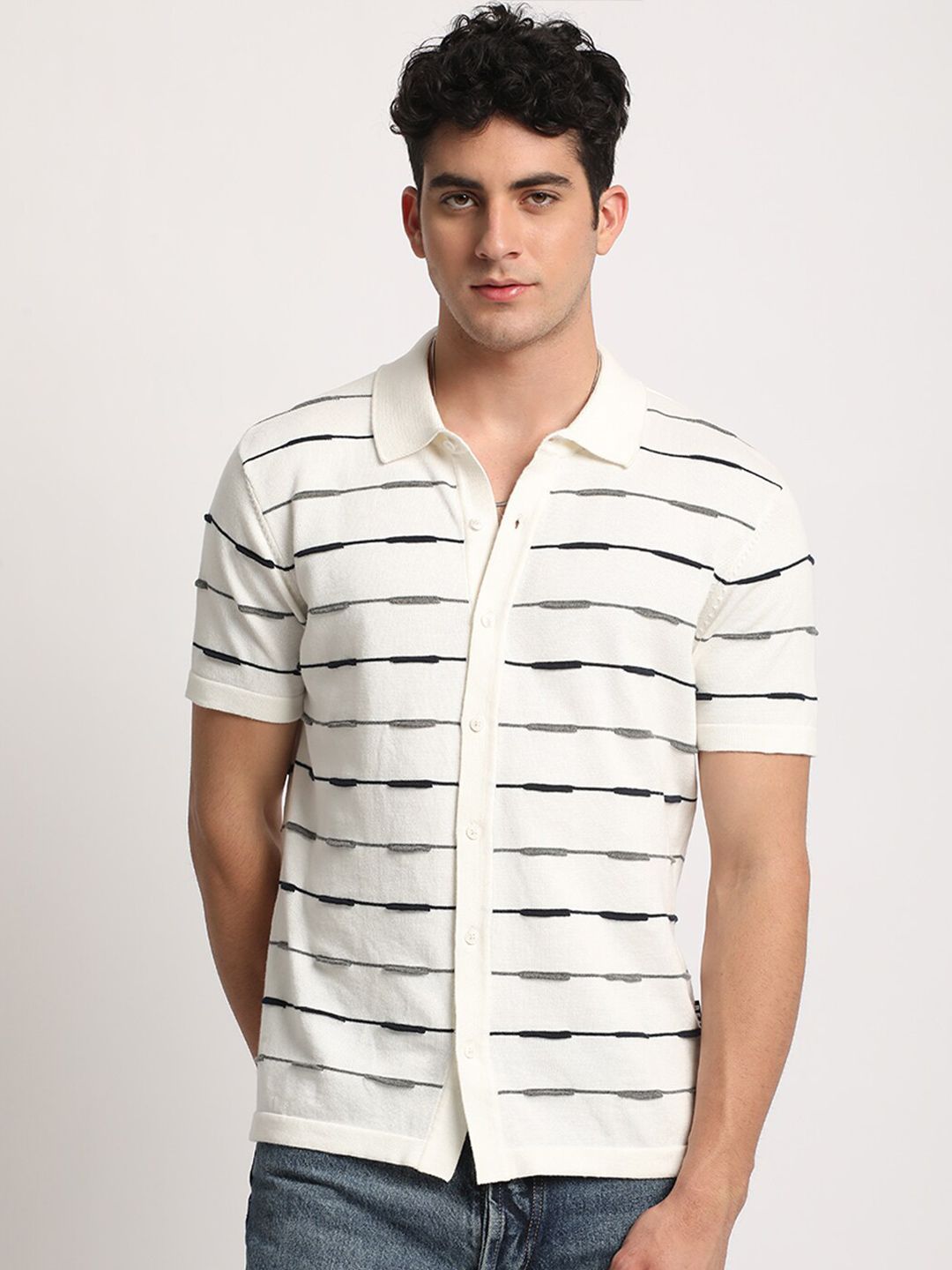 THE BEAR HOUSE Men Striped Regular Fit Cotton Polo Collar T-Shirt