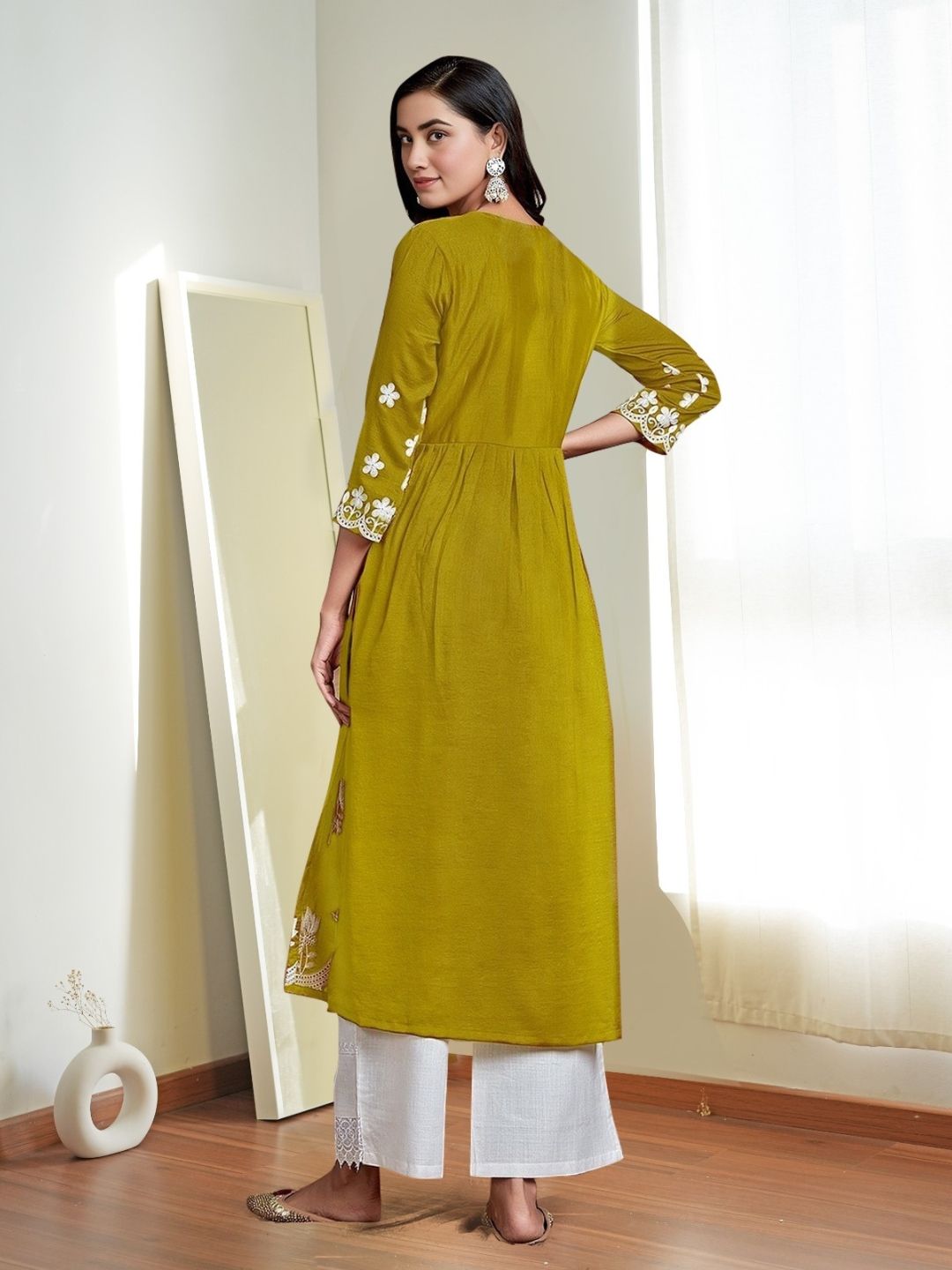 KALINI Women Floral Printed Flared Sleeves Thread Work Summer Sheers Kurta