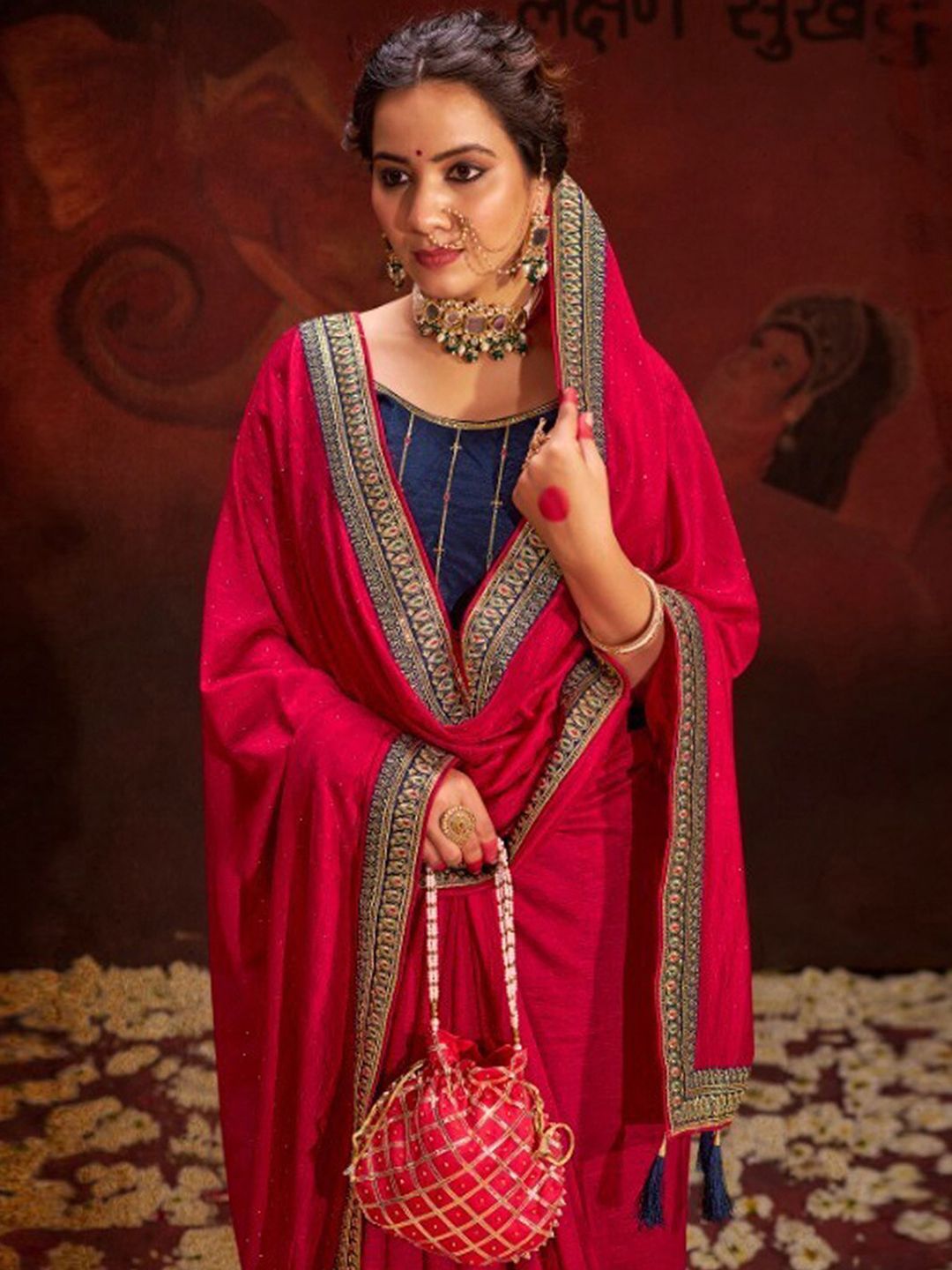 Saree mall Ethnic Motifs Beads and Stones Silk Blend Sarees  With Blouse Piece