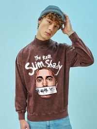 Bewakoof Maroon Real Slim Shady Printed Mock Collar Oversized Pullover Sweatshirt