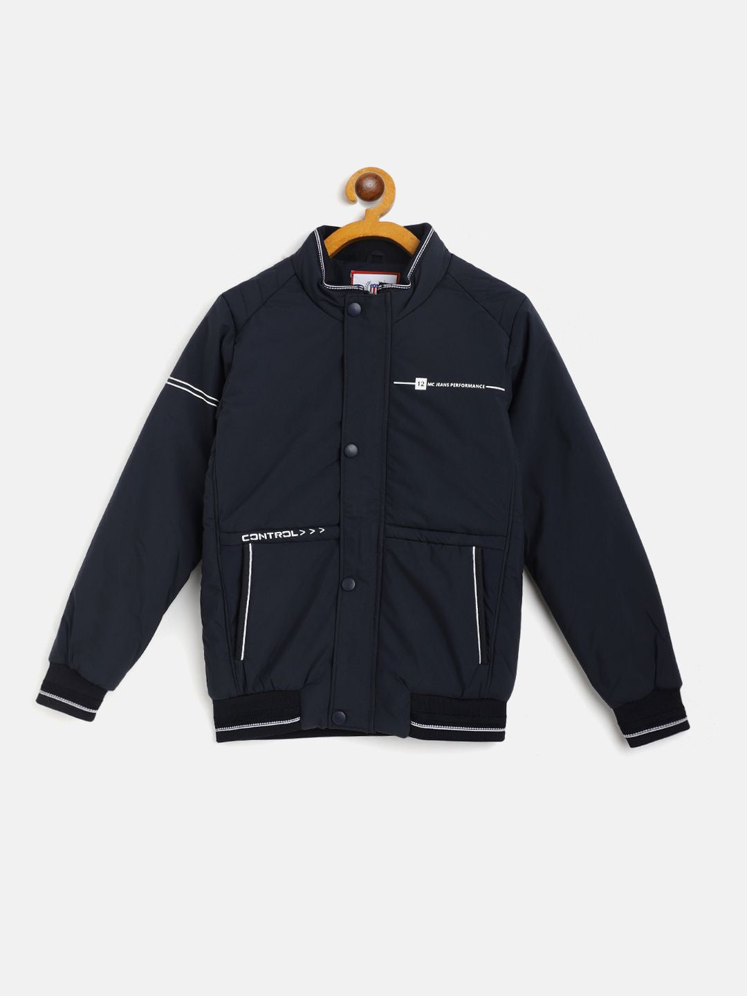 Monte Carlo Boys Navy Blue Solid Bomber Jacket with Printed Detail