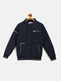 Monte Carlo Boys Navy Blue Solid Bomber Jacket with Printed Detail