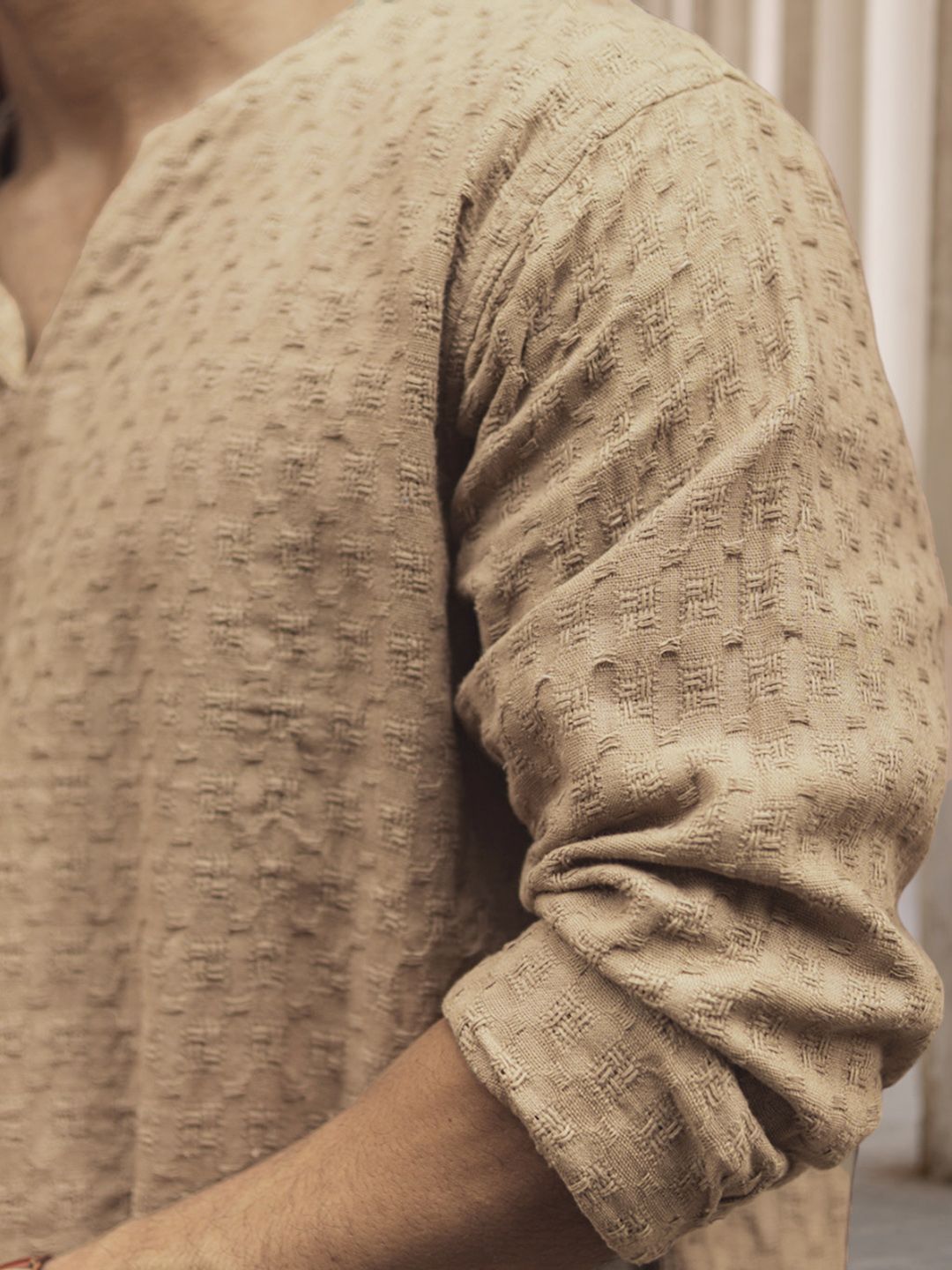 Powerlook Men Collarless Popcorn Texture Pure Cotton Casual Shirt
