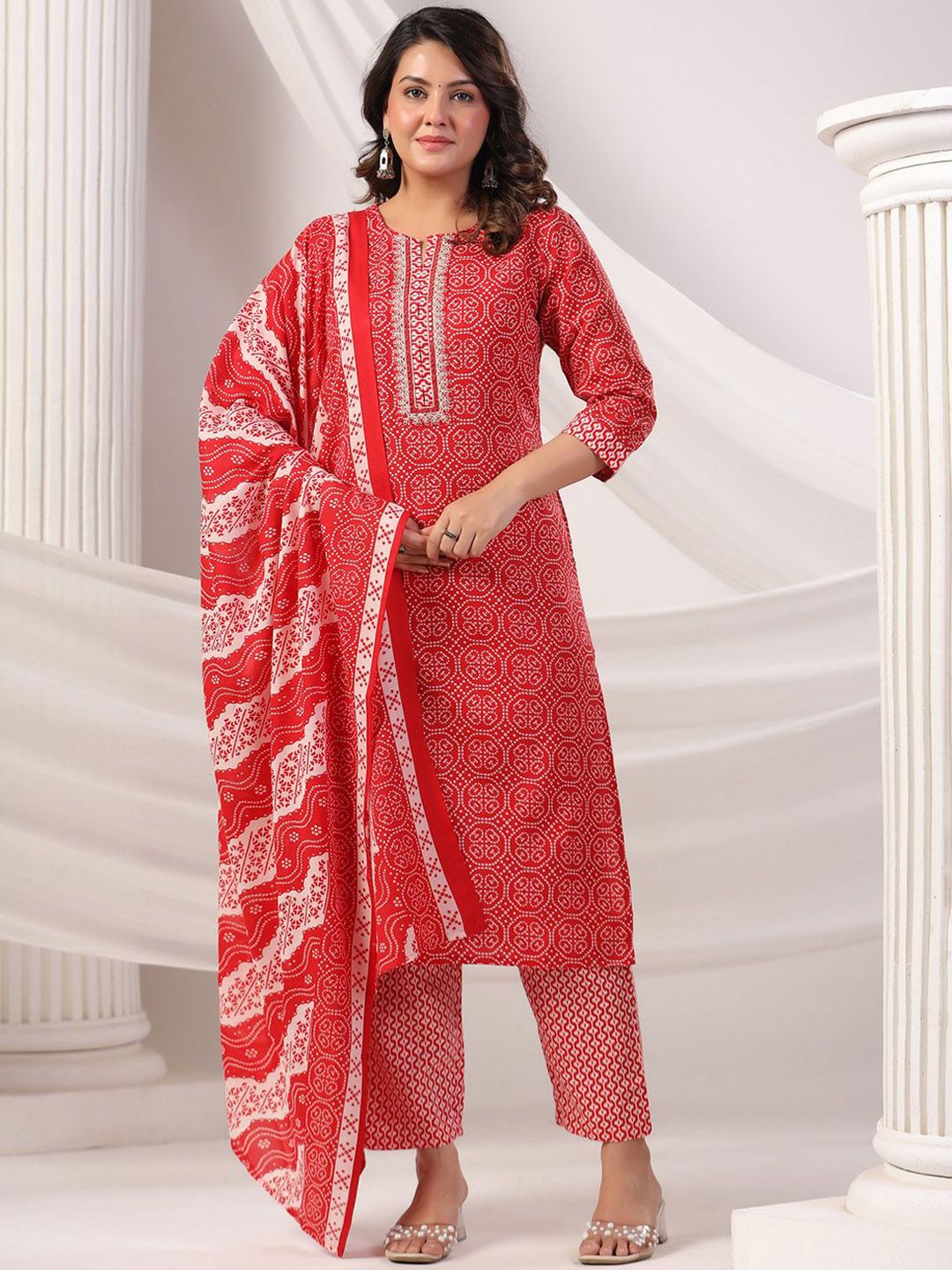 Indo Era Bandhani Printed Notch Neck Pure Cotton Kurta With Trousers & Dupatta